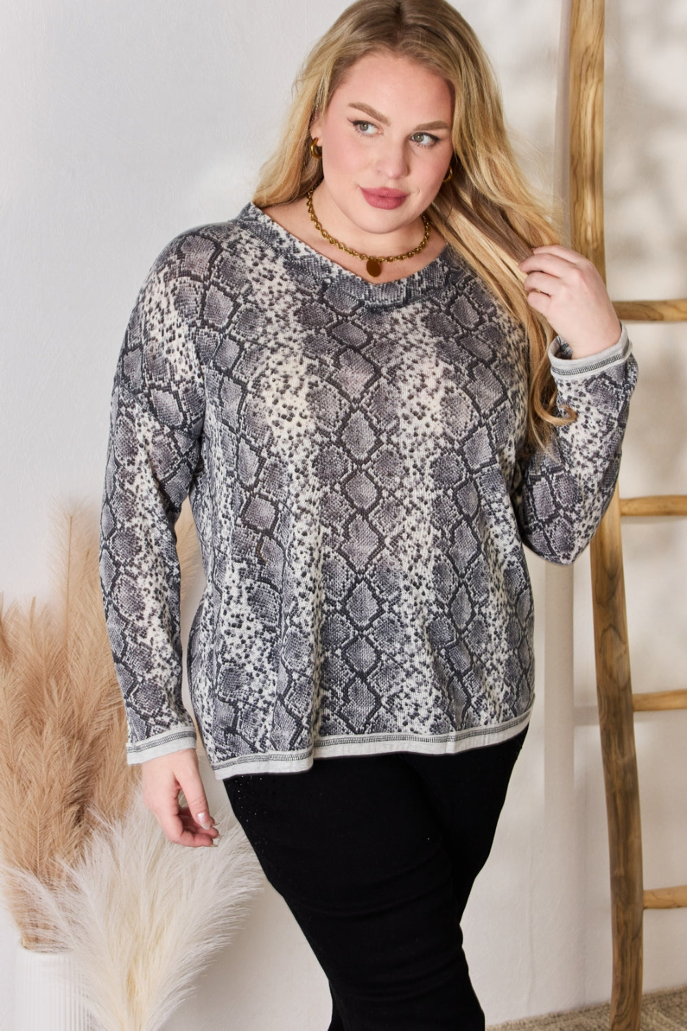 Hailey & Co Full Size Snakeskin V-Neck Long Sleeve Top - Bold & Trendy Women's Fashion
