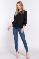 ACTIVE BASIC Women's Crochet Lace Panel Flounce Sleeve Blouse - Elegant & Feminine Top