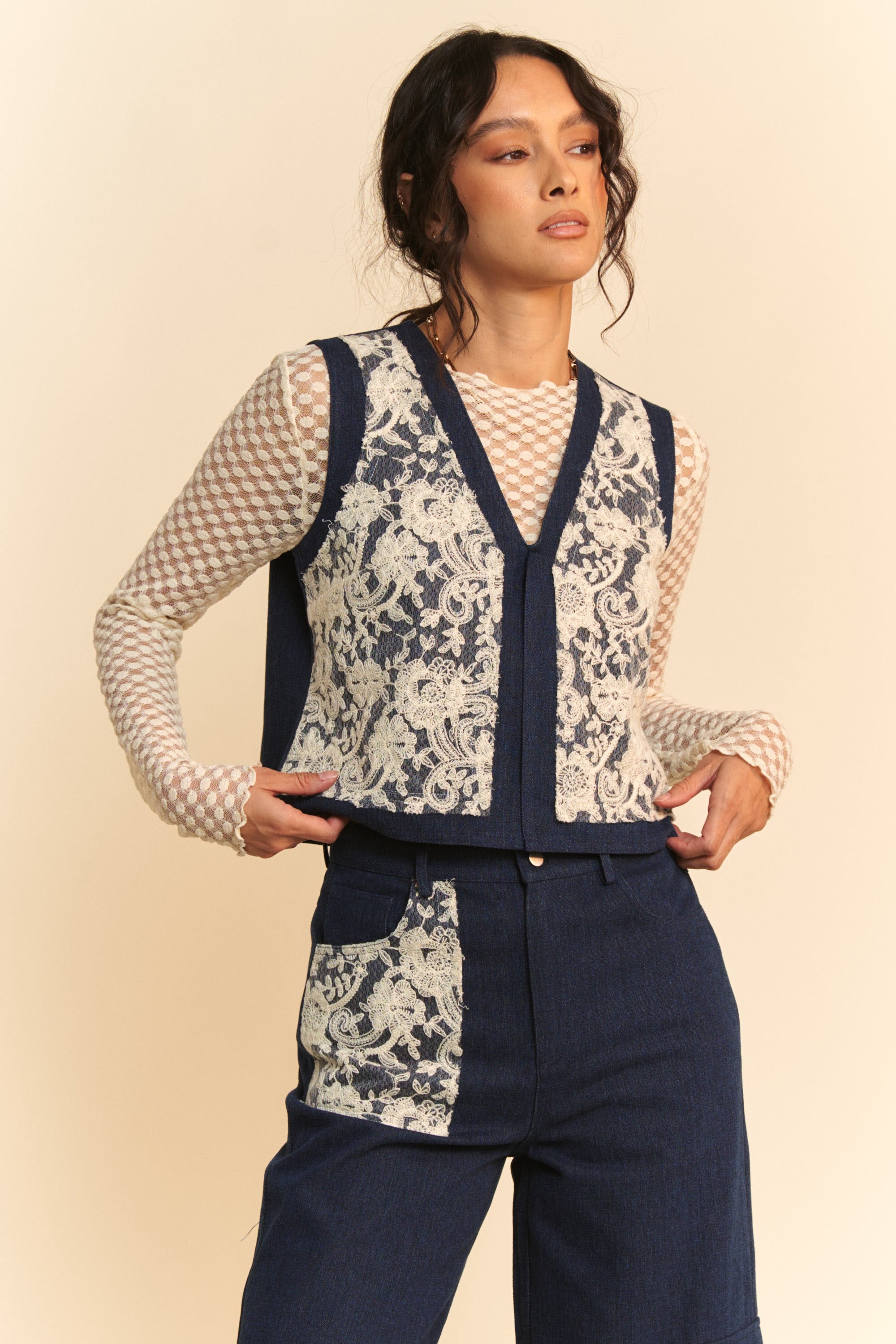 Davi & Dani Lace Patch Open Front Denim Vest - Trendy Layering Apparel