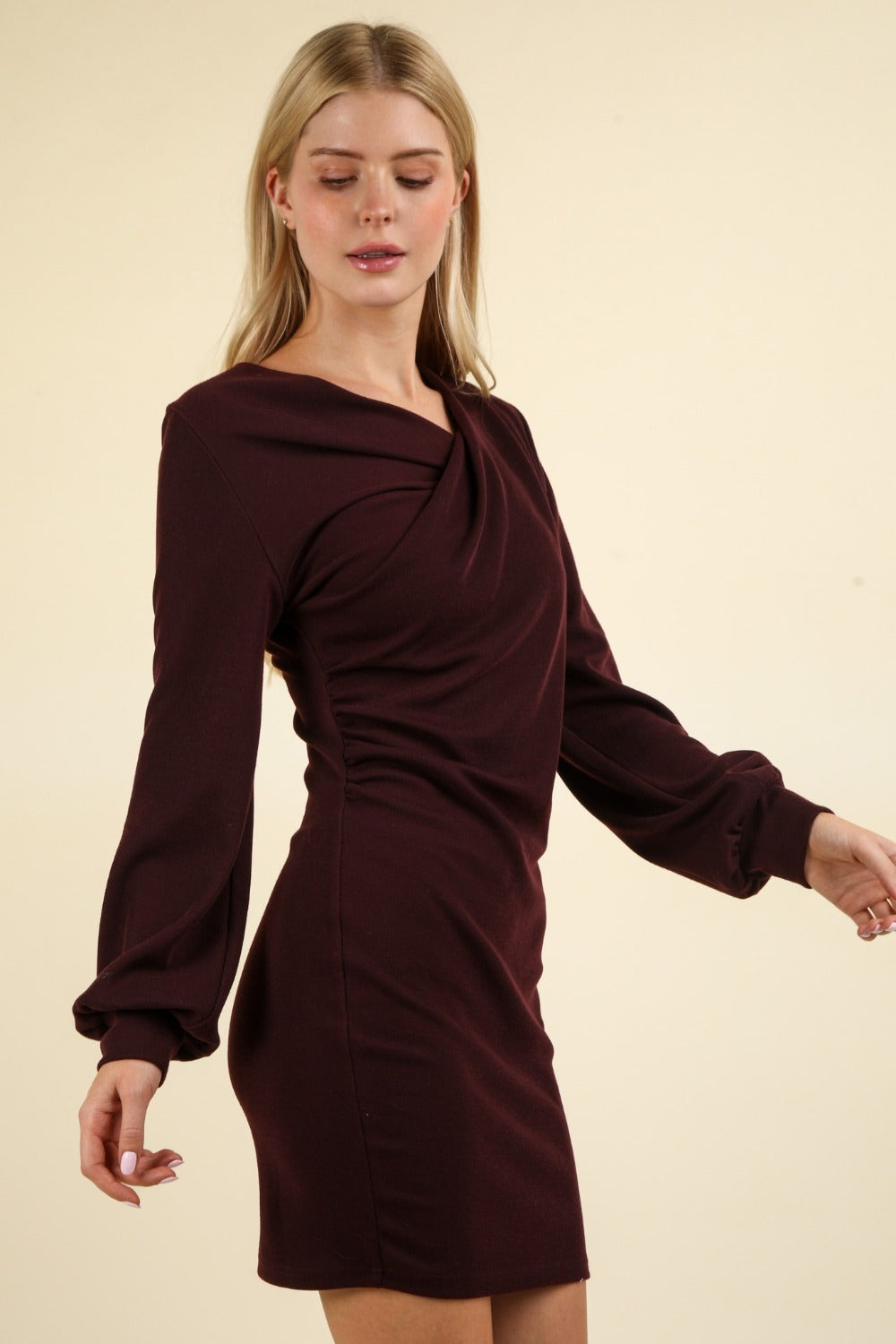 VERY J Asymmetrical Ruched Bodycon Mini Dress - Elegant Fit for Special Occasions