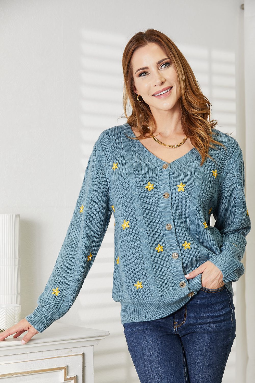 HEYSON Full Size Floral Embroidered Cable Knit Cardigan - Cozy & Elegant