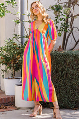 ODDI Full Size Striped Puff Sleeve Wide Leg Jumpsuit - Chic & Trendy Fashion