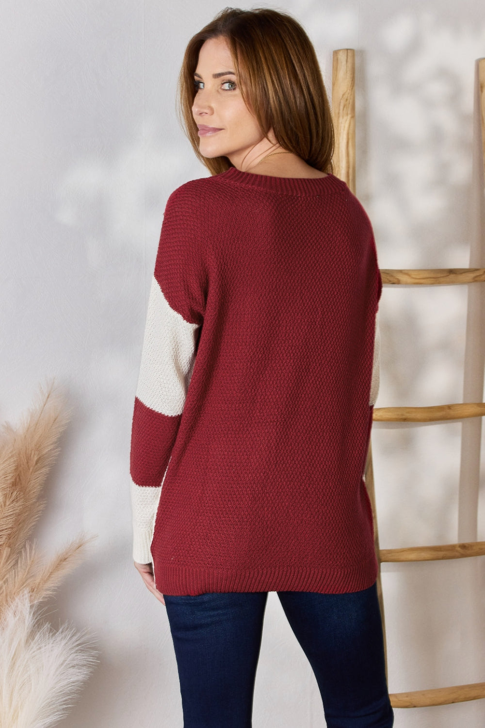 Hailey & Co Full Size Color Block Dropped Shoulder Knit Top - Stylish & Comfortable