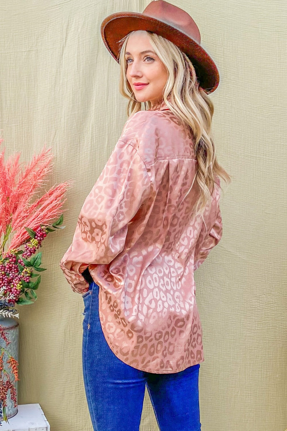 Luxurious Satin Leopard Print Button-Up Shirt with Curved Hem