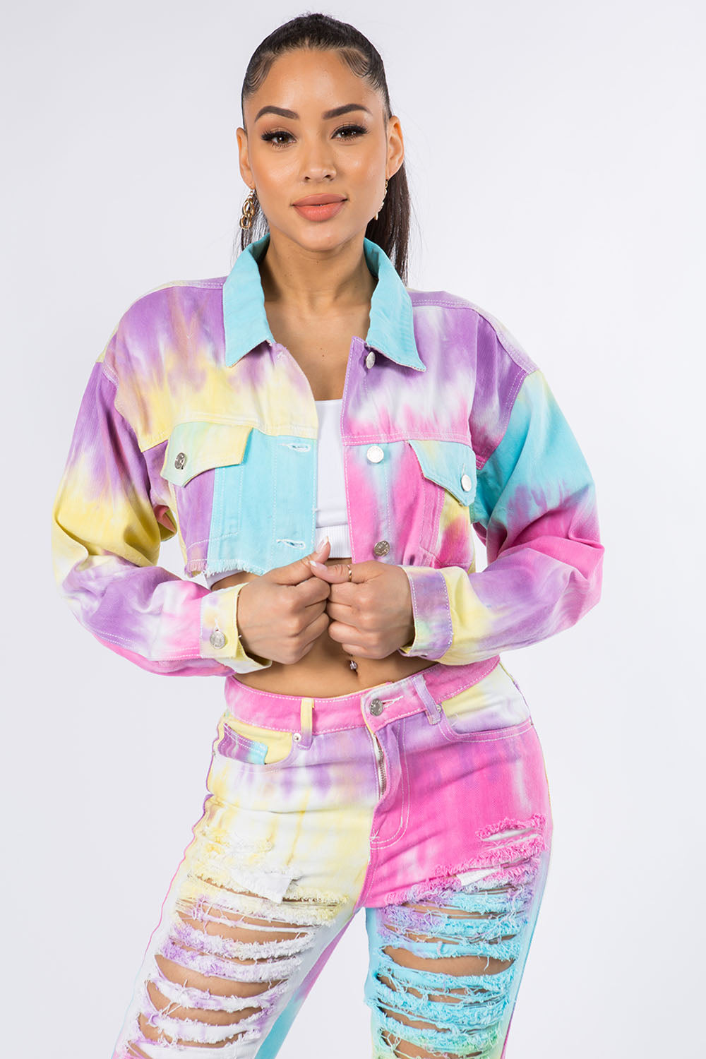Trendy Distressed Back Cropped Denim Jacket by American Bazi