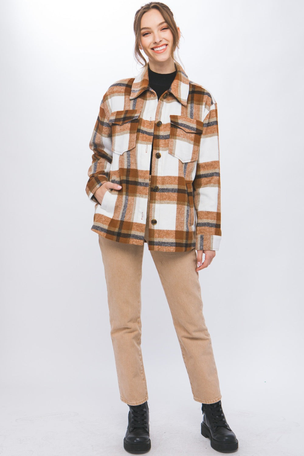 Love Tree Women's Plaid Button-Up Shacket - Cozy Shirt Jacket for Fall