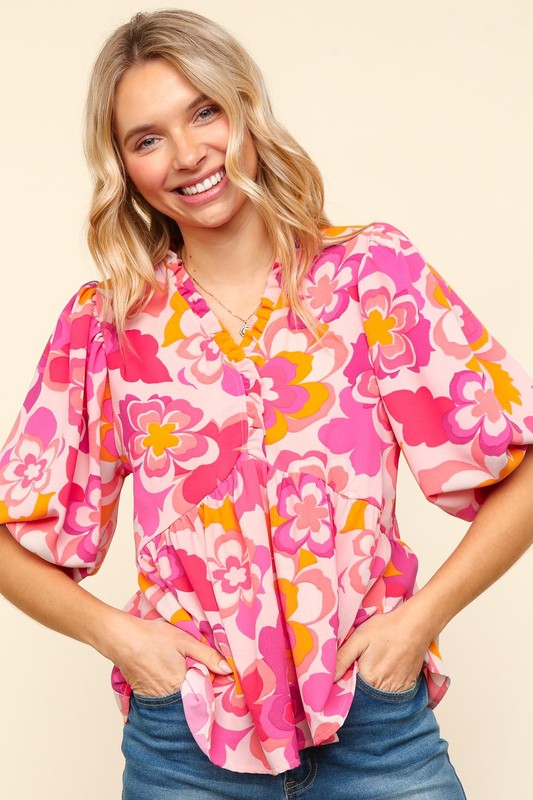 Haptics Floral Frill Puff Sleeve Blouse | Elegant Women's Top