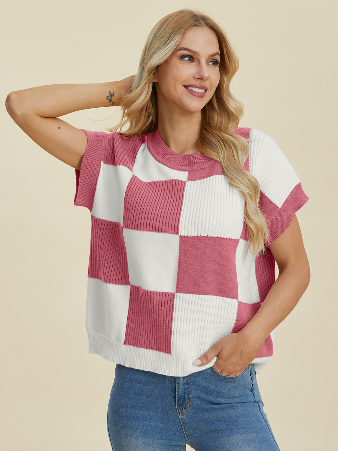 Stylish Checkered Round Neck Short Sleeve Sweater - Double Take Collection