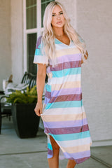 Elegant V-Neck Striped Midi Dress with Chic Slit | Perfect for Any Occasion - NK Wears