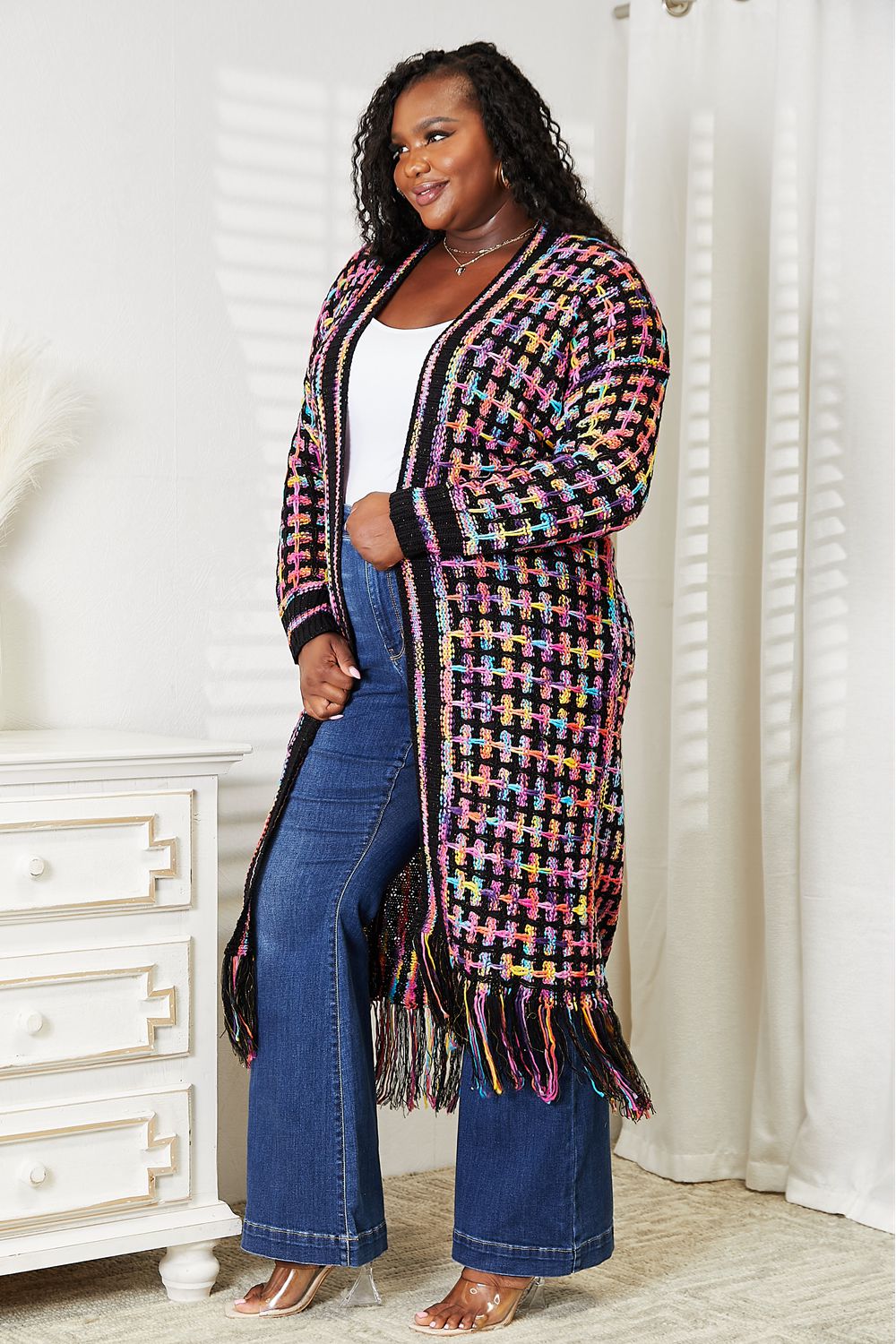 Full Size Colorful Fringe Hem Cardigan - Boho Chic Layering Piece