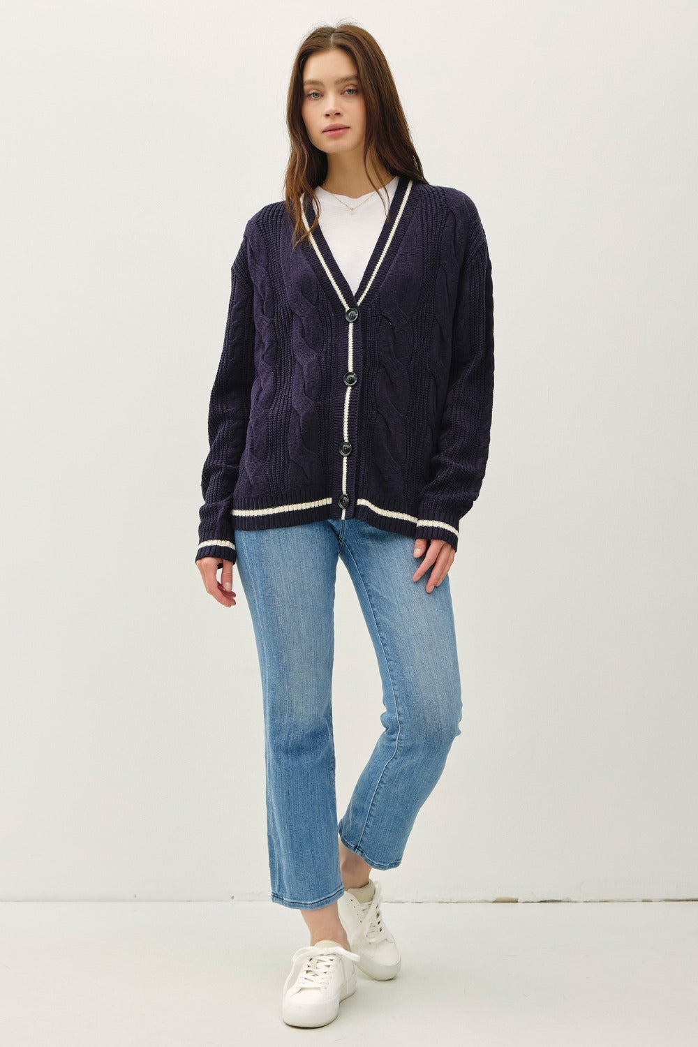 Be Cool Women's Contrast Trim Cable-Knit V-Neck Cardigan - Elegant Buttoned Sweater