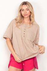 VERY J 90s Retro Twisted Sleeve Henley Knit Top with Button Detail