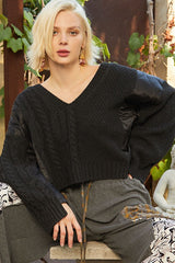 POL Women's Cable Knit Quilting Patch V-Neck Sweater - Stylish Winter Fashion Essential