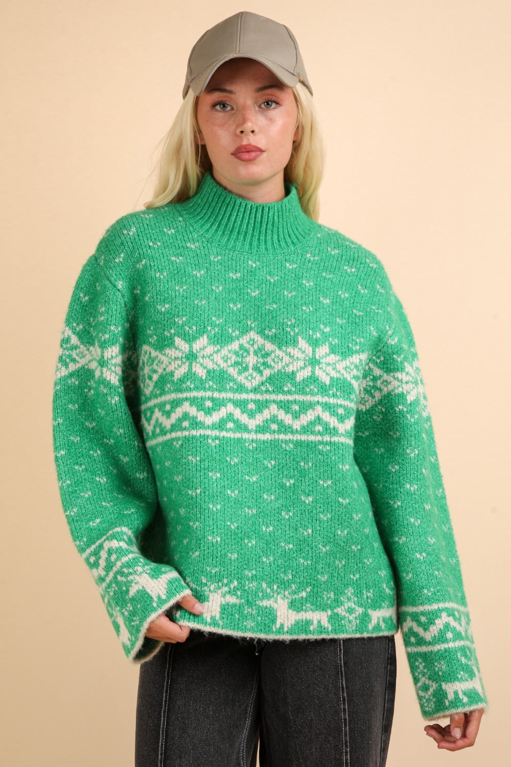 VERY J Festive Christmas Mock Neck Long Sleeve Sweater - Cozy Holiday Attire