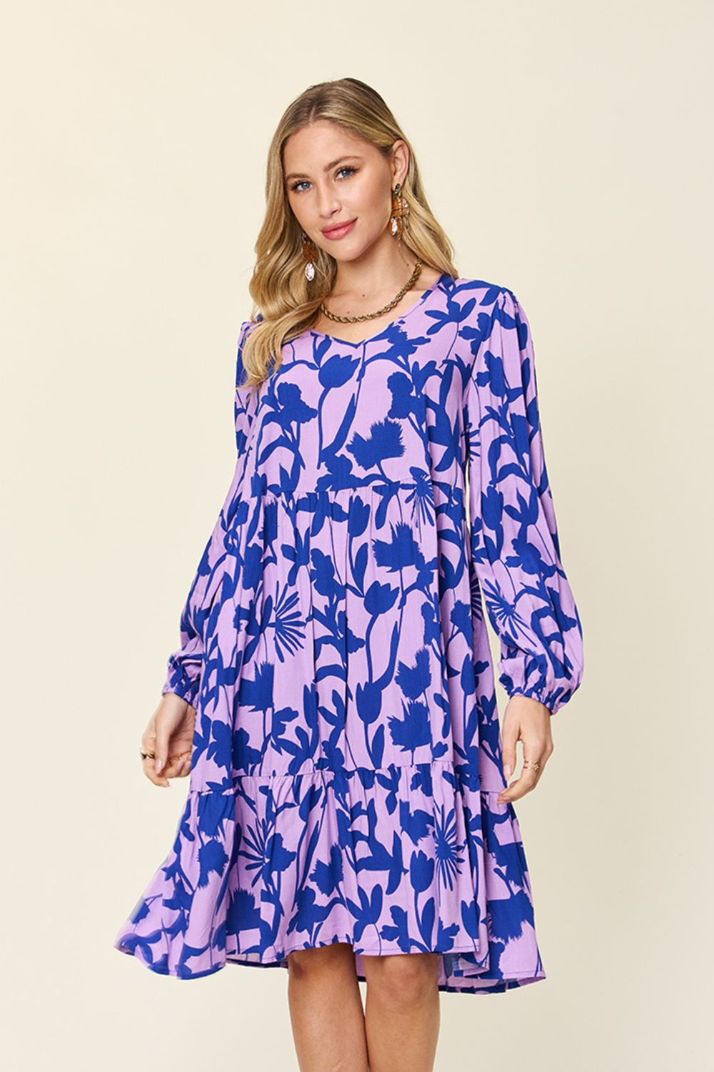 Double Take Full Size Printed Ruffle Hem Dress with Pockets - Trendy & Comfortable