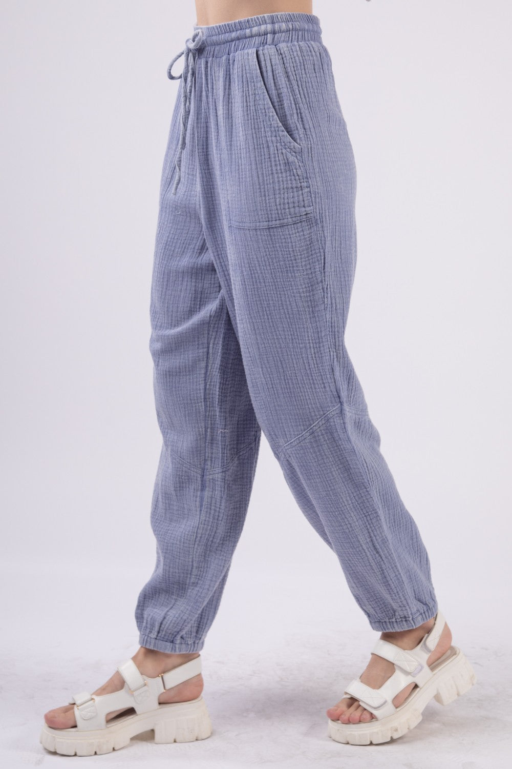 VERY J Women's Washed Crinkle Gauze Cargo Pants with Drawstring