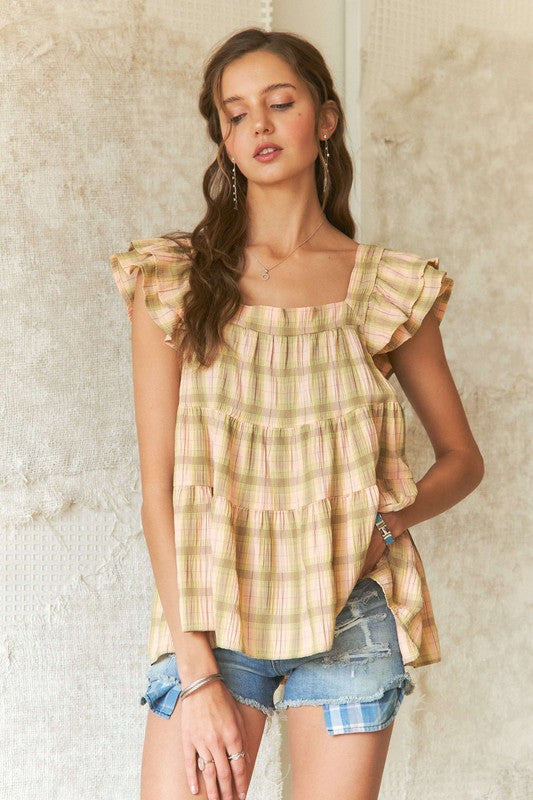 ADORA Women's Ruffled Square Neck Cap Sleeve Babydoll Blouse - 100% Cotton