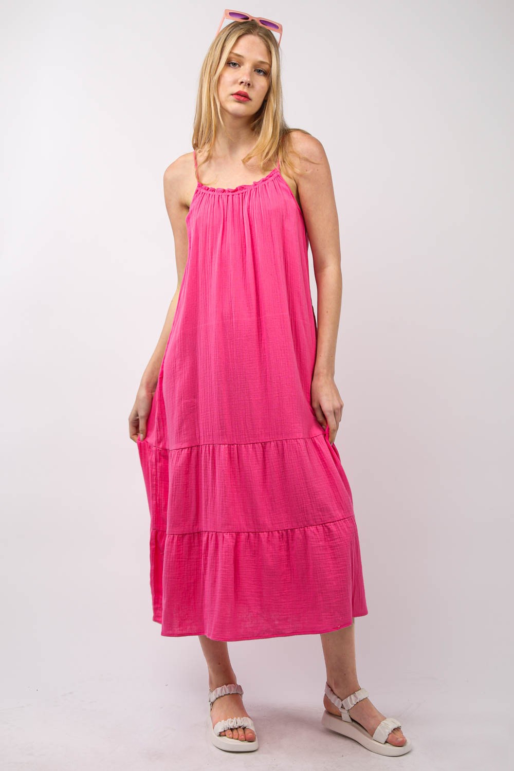 VERY J Ruffled A-Line Midi Cami Dress - Versatile Summer Fashion with Pockets