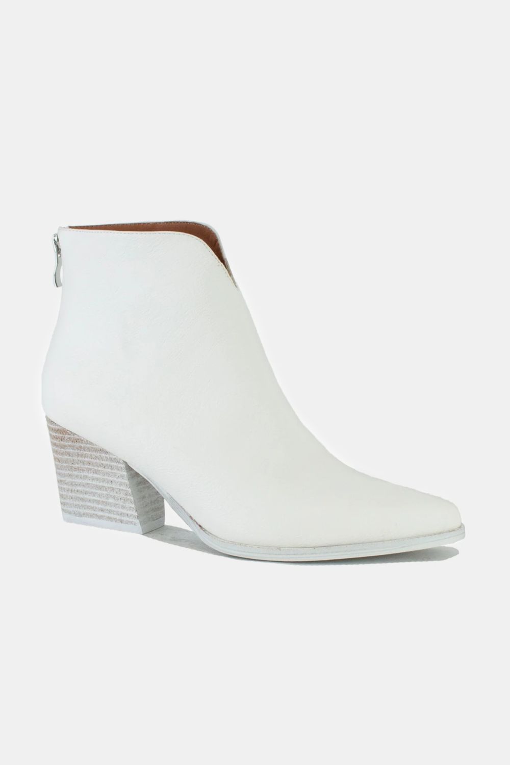 Stylish white PU leather block heel boots with back zipper and pointed toe design, perfect for chic outfits.