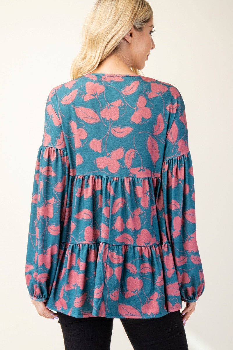 Celeste Women's Tiered Floral V-Neck Long Sleeve Blouse - Elegant & Chic