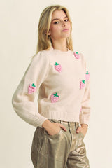 Davi & Dani Whimsical Crochet Strawberry Round Neck Sweater - Cozy & Stylish