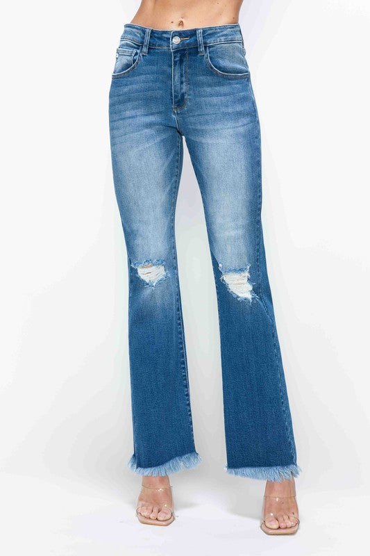 bytos Full Size Raw Hem Distressed High Rise Bootcut Jeans with flared bottom and distressed detailing, perfect for stylish outfits.