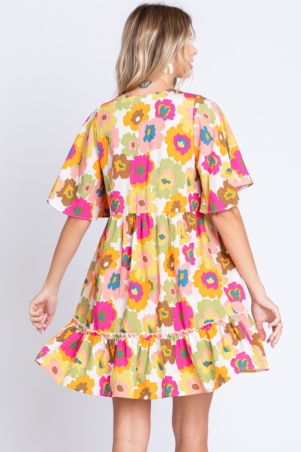 GeeGee Full Size Floral V-Neck Ruffle Trim Mini Dress - Romantic & Stylish
