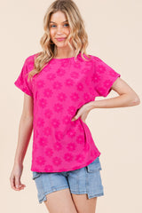 BOMBOM Women's Textured Floral Short Sleeve T-Shirt - Casual & Versatile