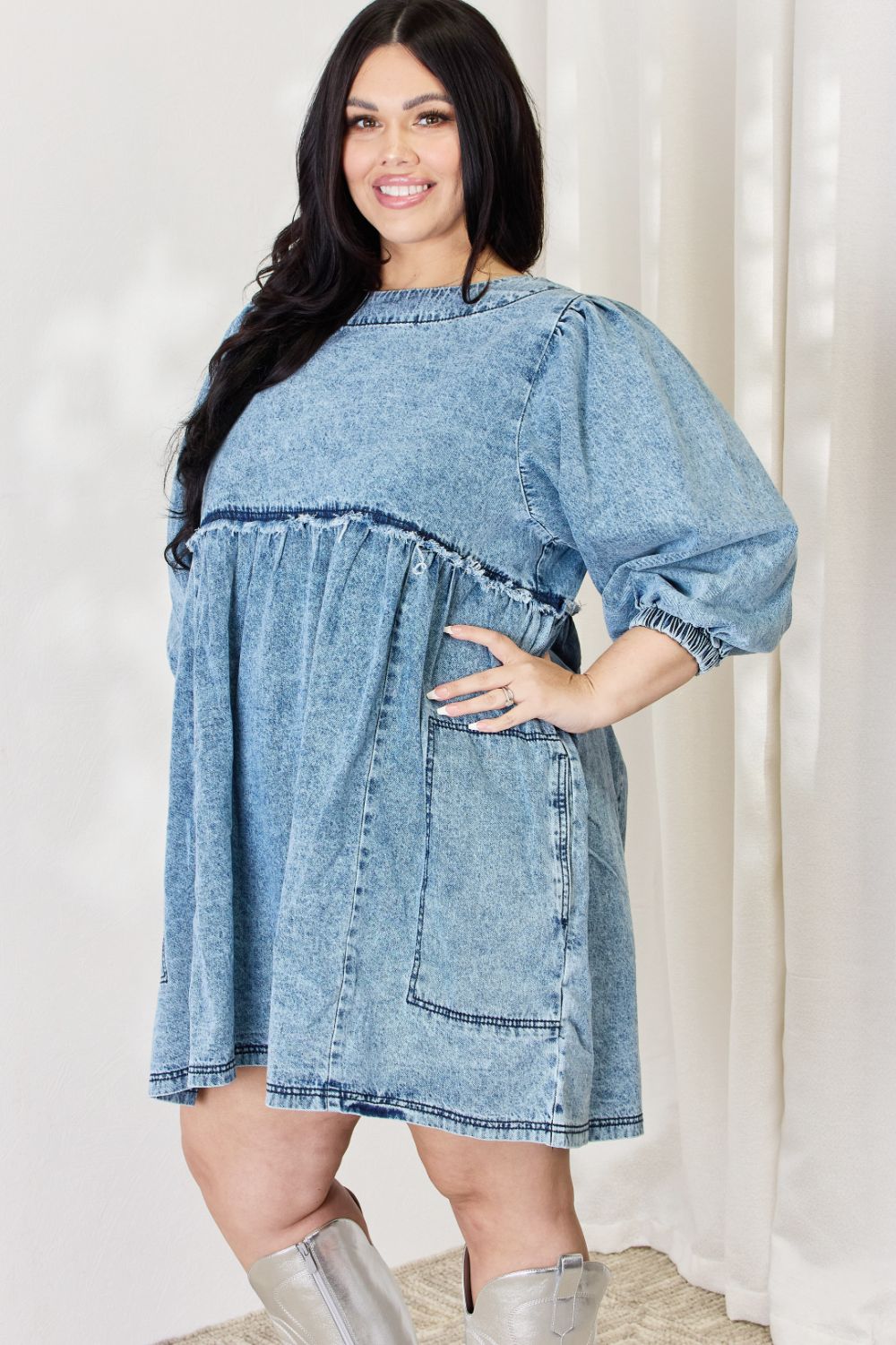 HEYSON Oversized Denim Babydoll Dress - Full Size Trendy Balloon Sleeve