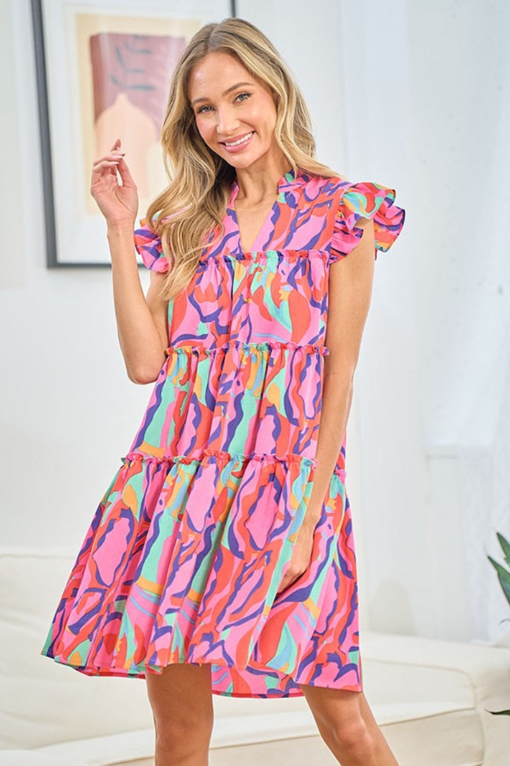 First Love Full Size Ruffle Cap Sleeve Tiered Dress - Chic Printed Design