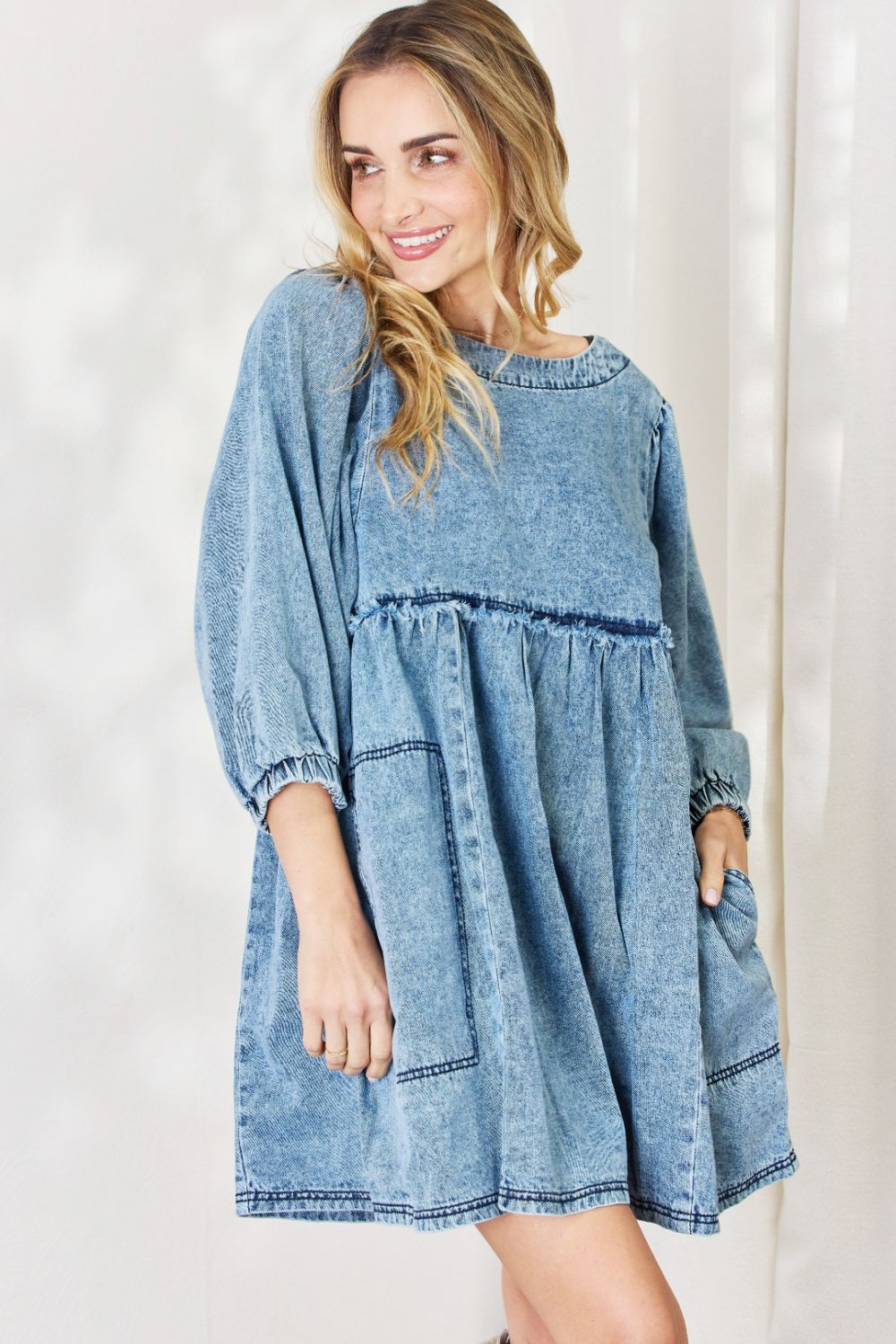 HEYSON Oversized Denim Babydoll Dress - Full Size Trendy Balloon Sleeve