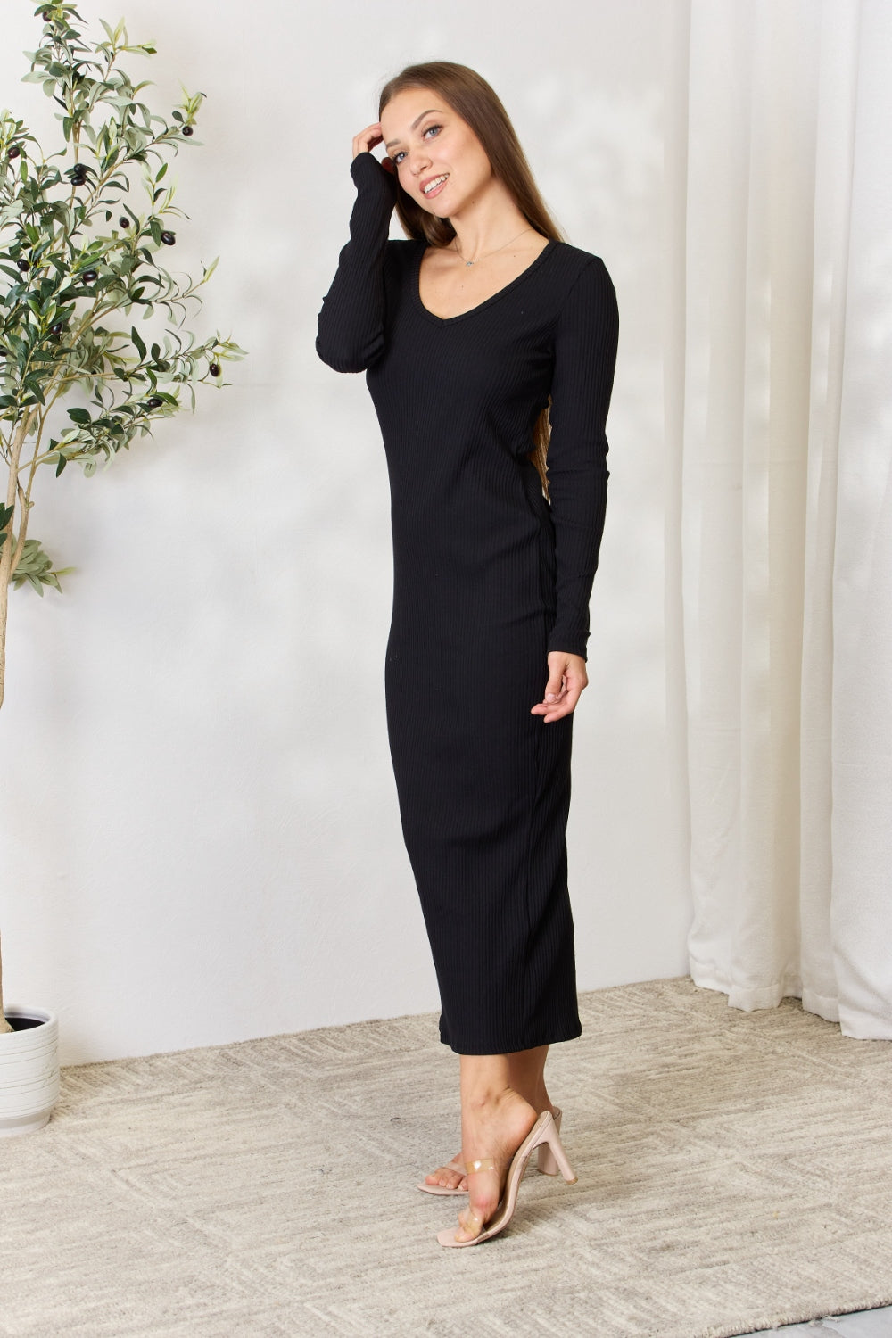 Culture Code Ribbed Long Sleeve Midi Slit Dress - Chic & Versatile