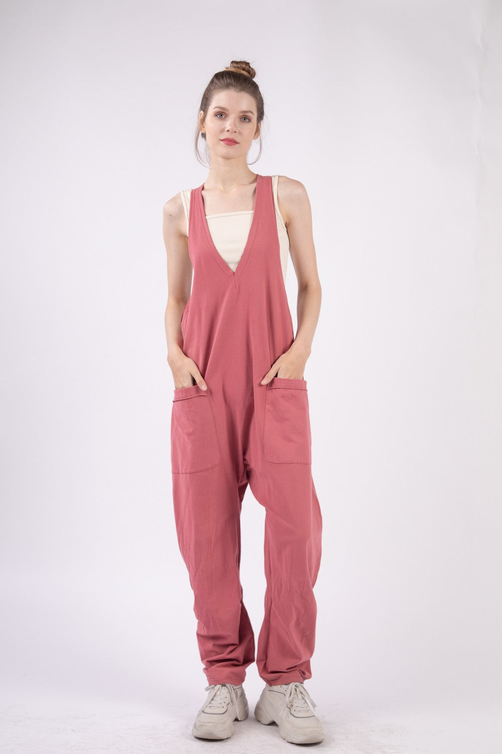 Trendy VERY J Plunge Neck Sleeveless Jumpsuit with Pockets - Chic & Versatile