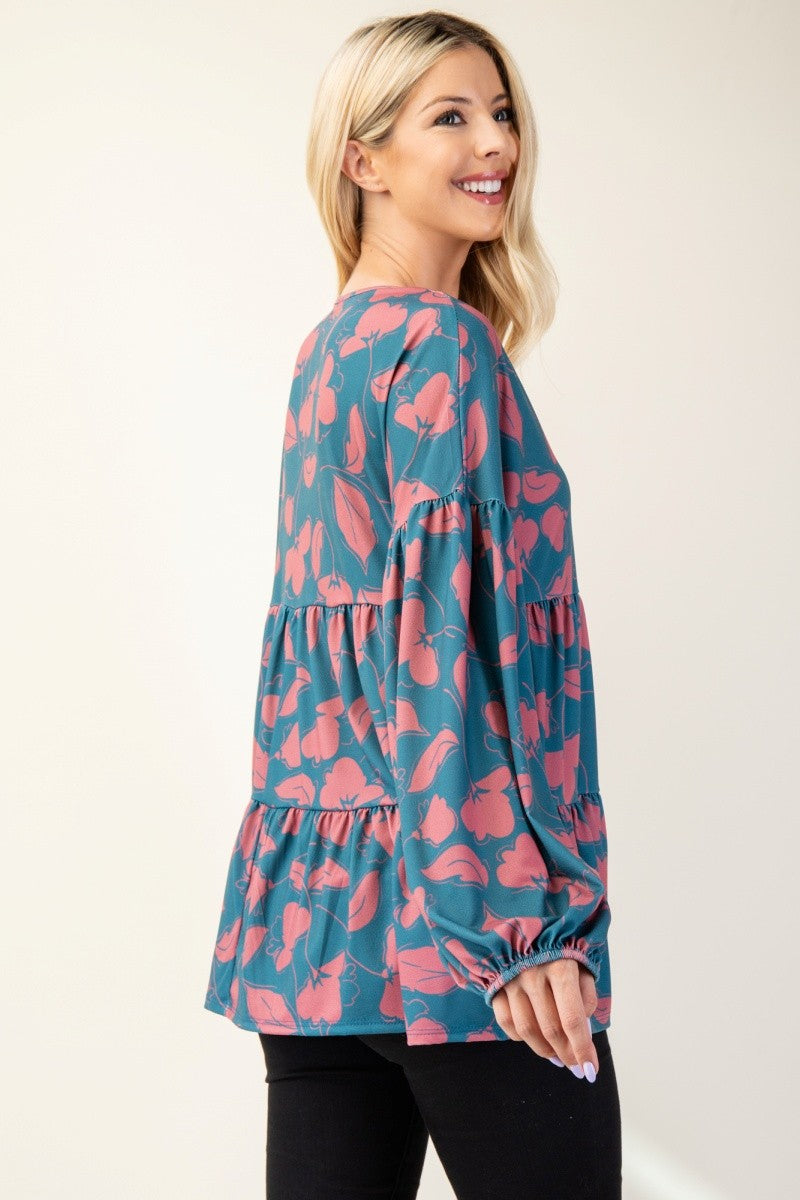 Celeste Women's Tiered Floral V-Neck Long Sleeve Blouse - Elegant & Chic