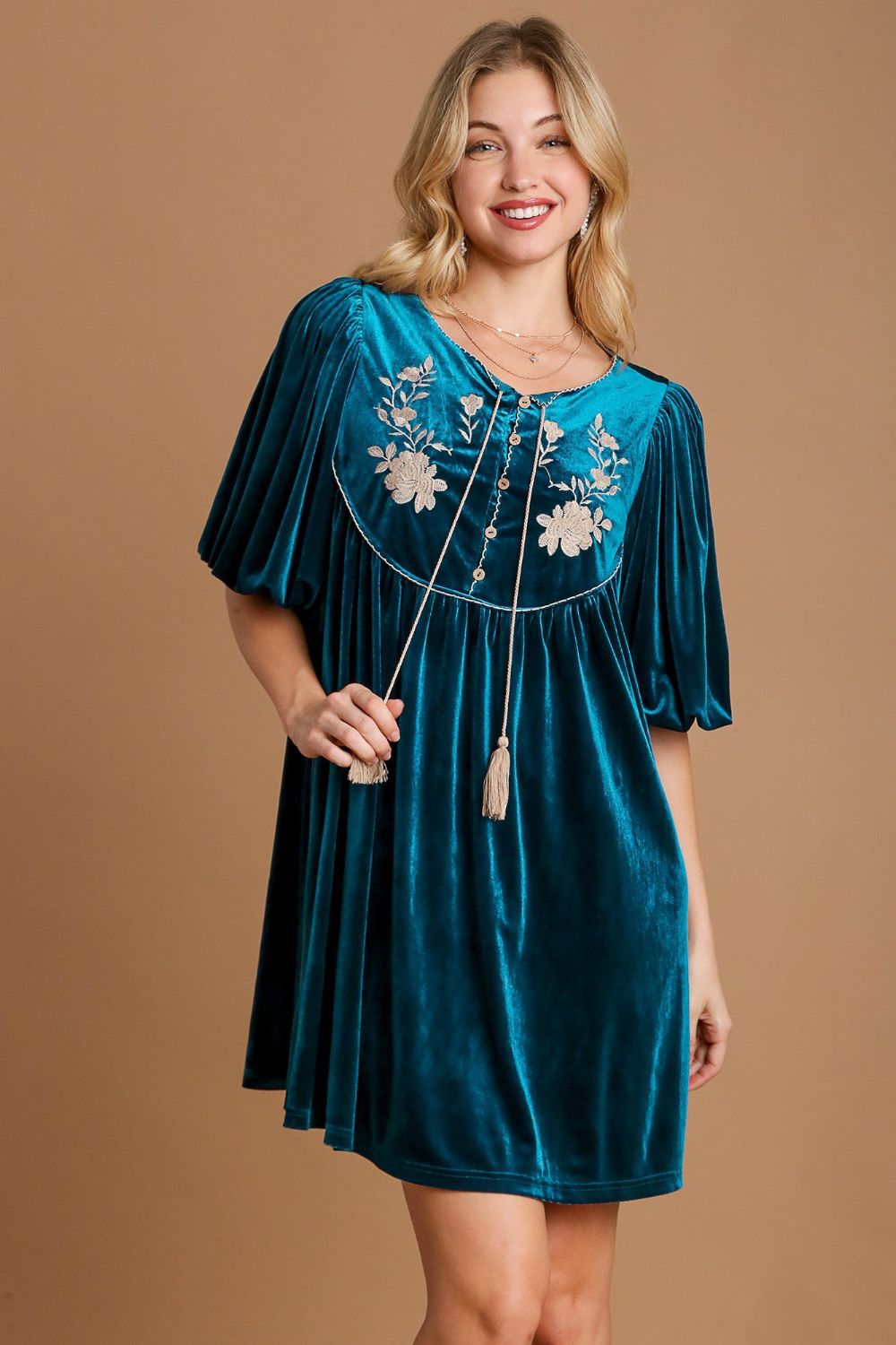 Umgee Women's Embroidered Velvet Mini Dress with Tassels - Perfect for Special Events