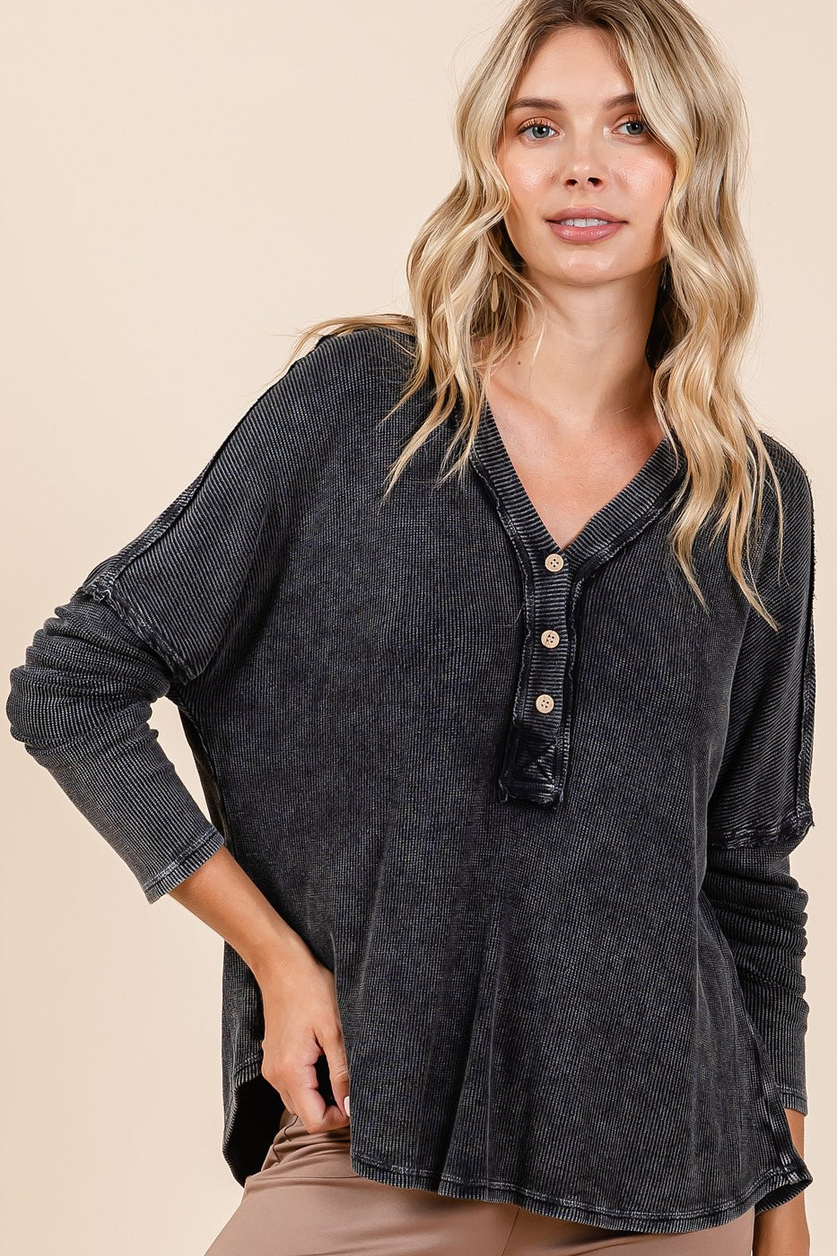Mittoshop Women's Washed V-Neck Long Sleeve Blouse - Vintage Style, 100% Cotton
