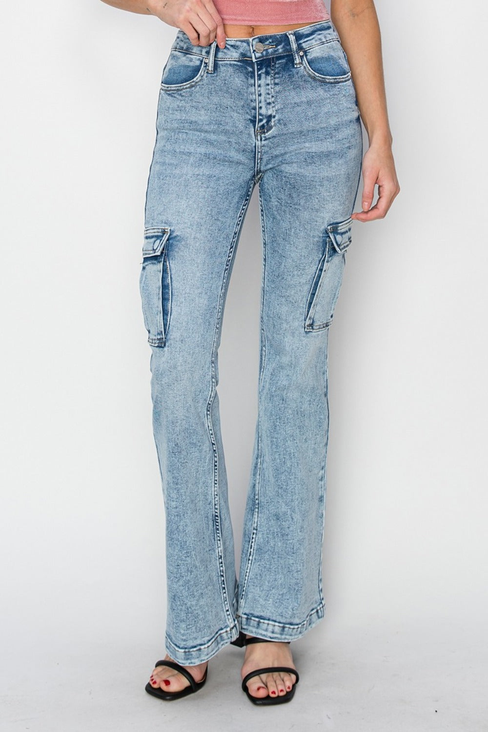 RISEN High Rise Cargo Flare Jeans - Vintage Flare with Modern Comfort