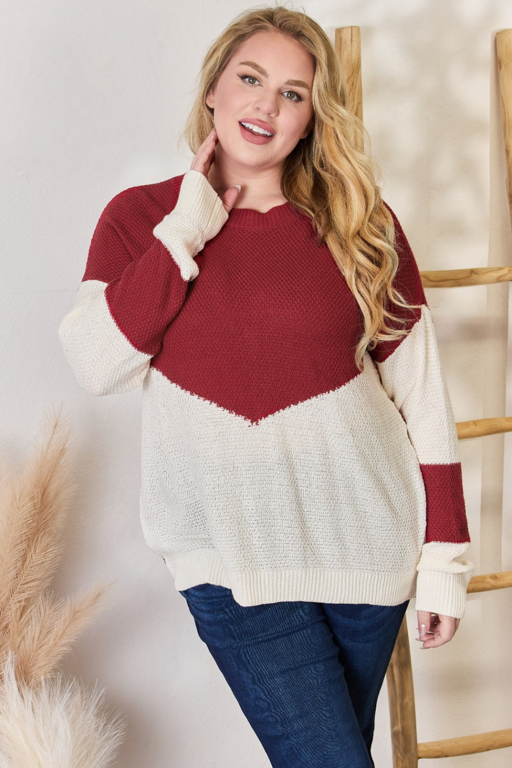 Hailey & Co Full Size Color Block Dropped Shoulder Knit Top - Stylish & Comfortable