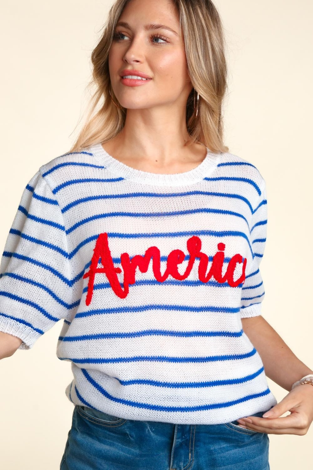 Trendy Haptics Letter Embroidery Striped Knit Top - Versatile & Stylish
