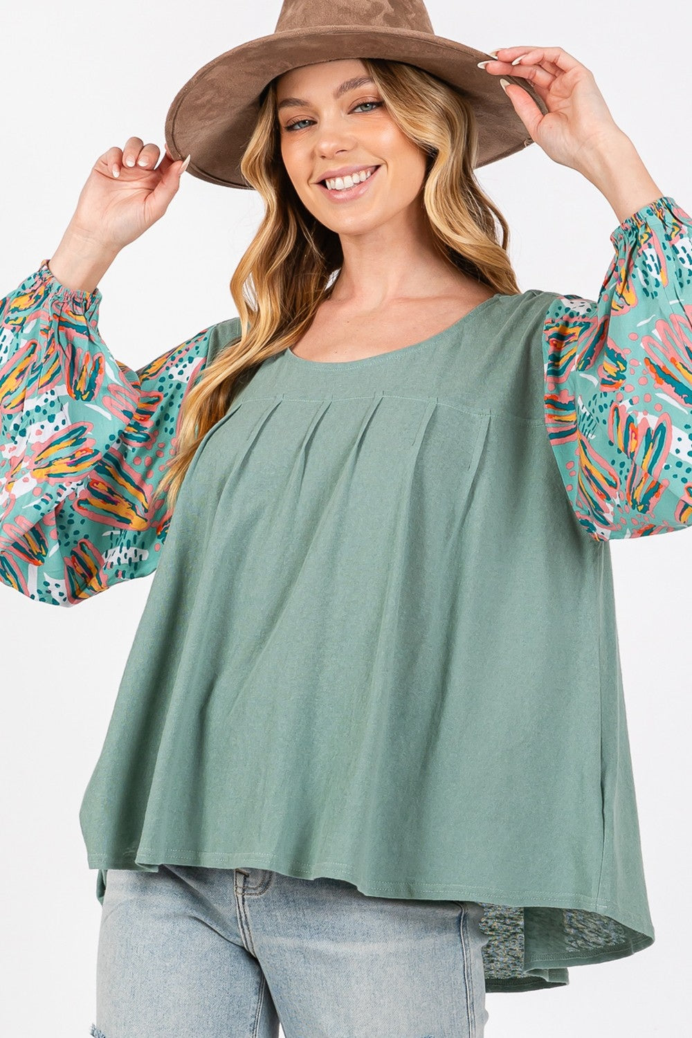 SAGE + FIG Women's Ruched Round Neck Bubble Sleeve Cotton Top