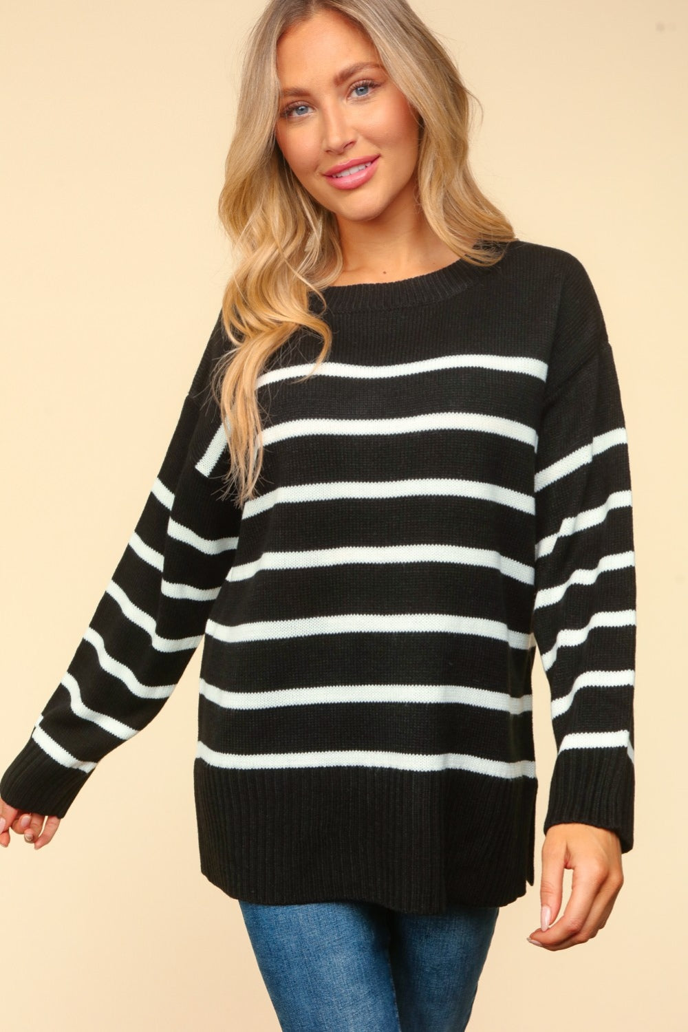 Haptics Full Size Striped Contrast Side Slit Sweater - Stylish & Versatile Knitwear