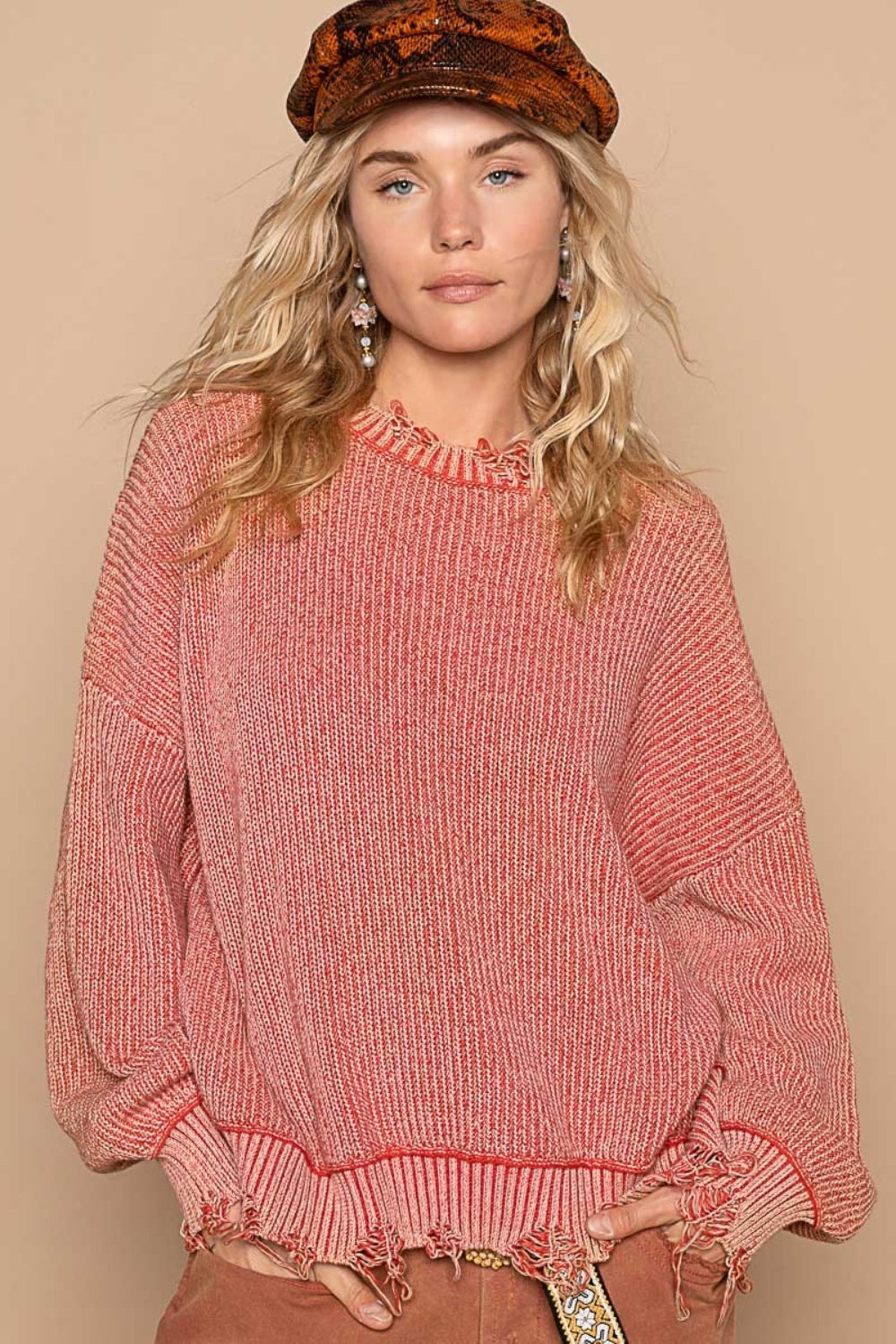 POL Distressed Washed Drop Shoulder Sweater - Edgy & Cozy Fashion Essential