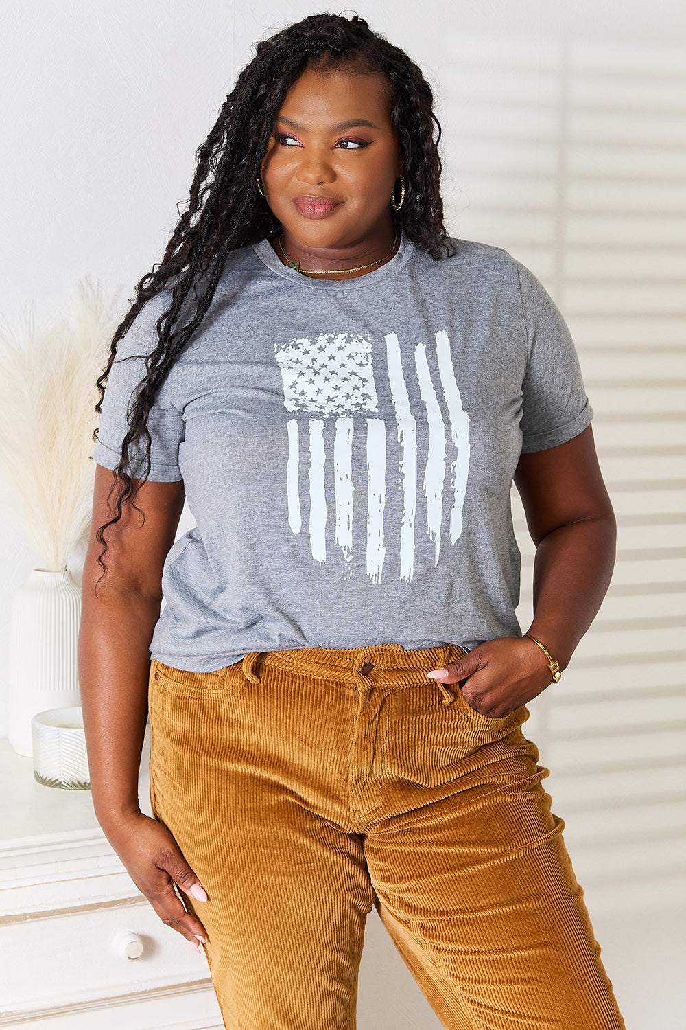 Simply Love USA Flag Graphic Cuffed Sleeve T-Shirt for Patriotic Style