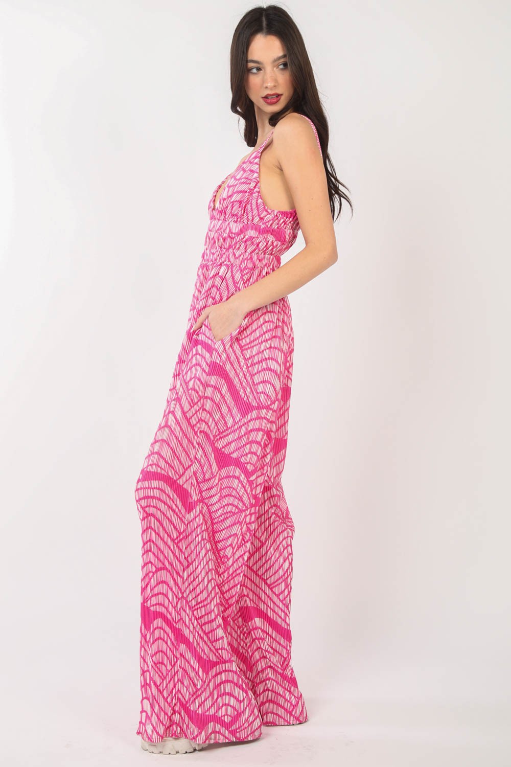 Chic Printed Pleated Jumpsuit for Women - Sleeveless Wide-Leg Design