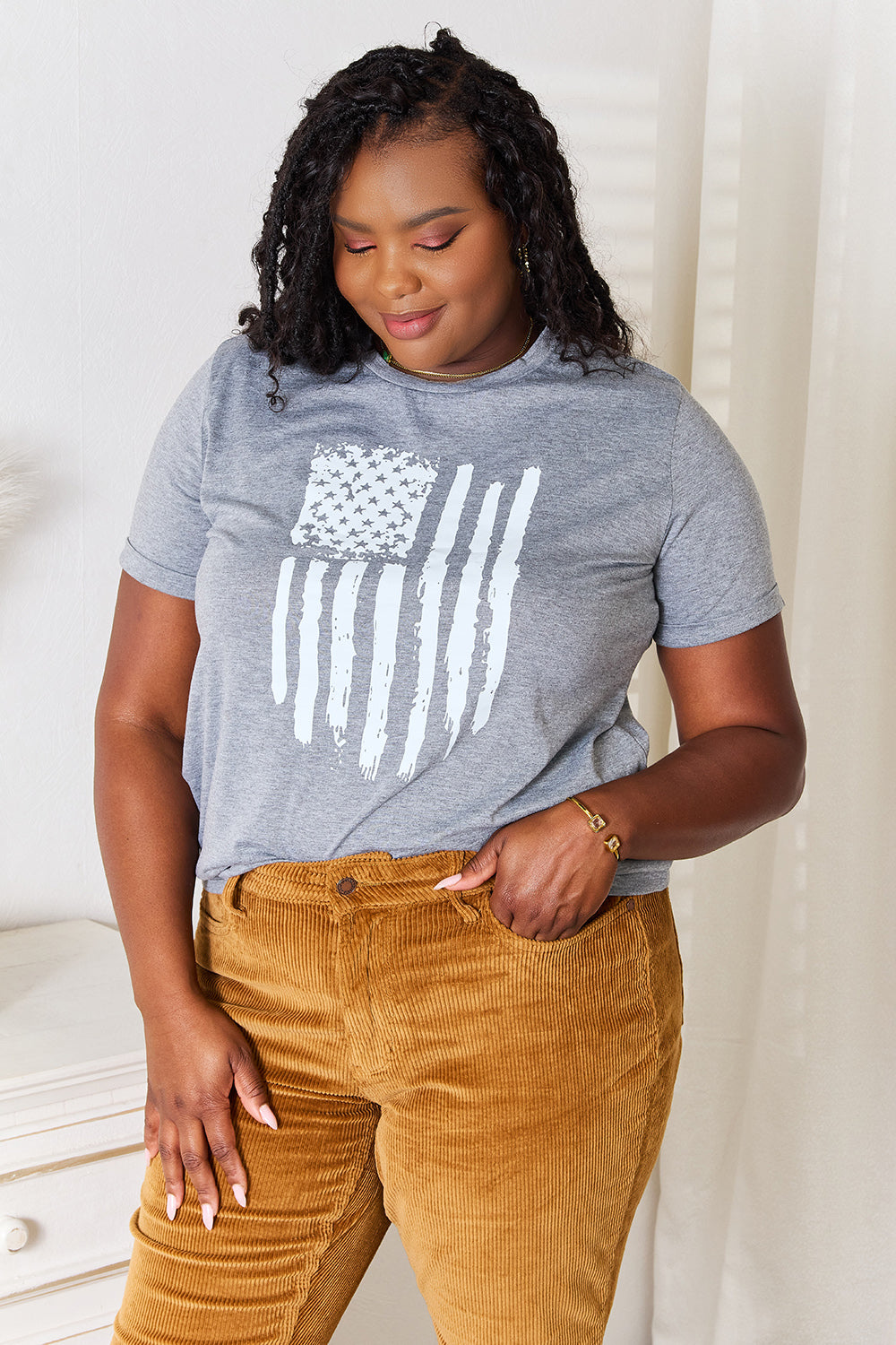 Simply Love USA Flag Graphic Cuffed Sleeve T-Shirt for Patriotic Style