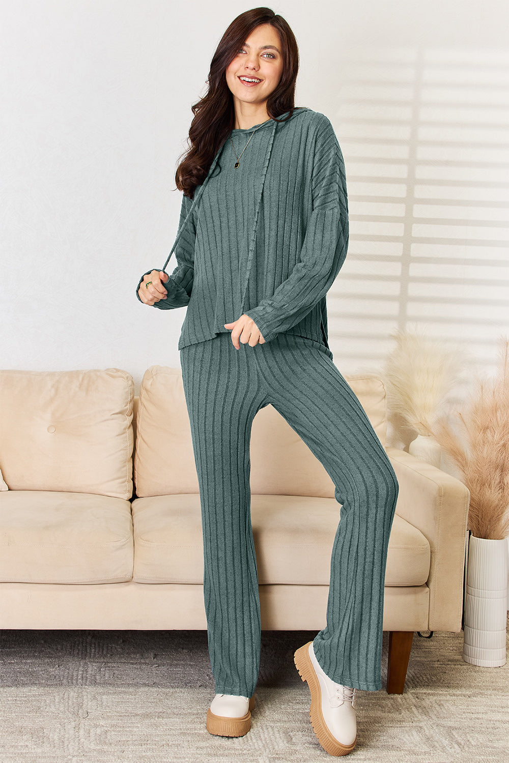 Basic Bae Full Size Ribbed Hooded Top & Pants Set - Trendy Lounge Wear