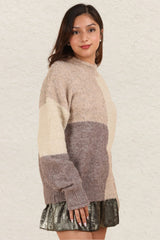 Trendy Color Block Mock Neck Drop Shoulder Sweater by VERY J