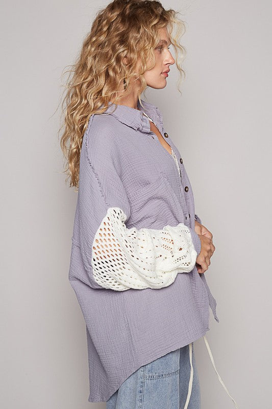 Trendy POL Openwork Lantern Sleeve Gauze Shirt for Women - Button Down, Cotton Fabric