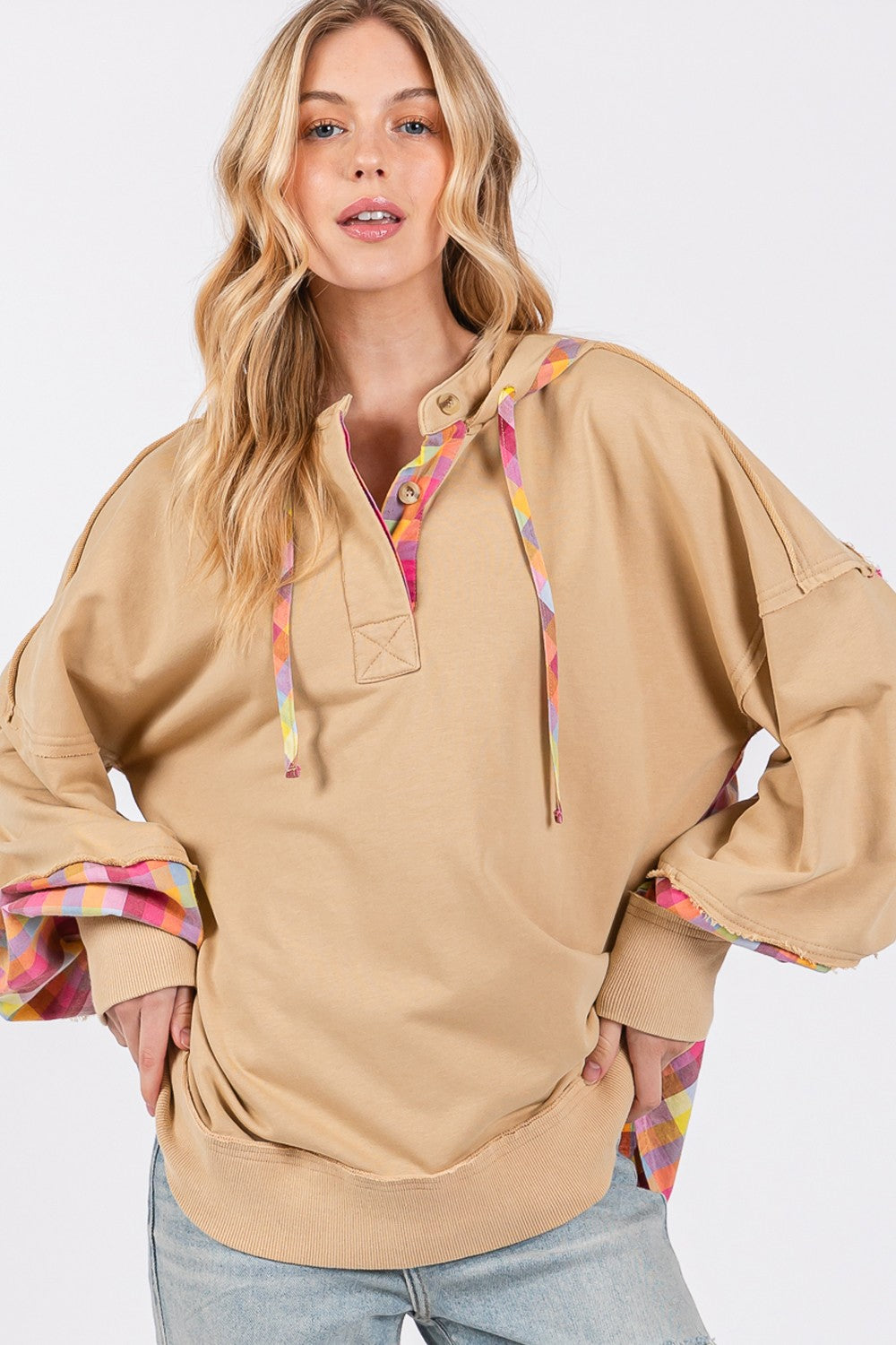 SAGE + FIG Mineral Wash Plaid Hoodie - Full Size Oversized Comfort