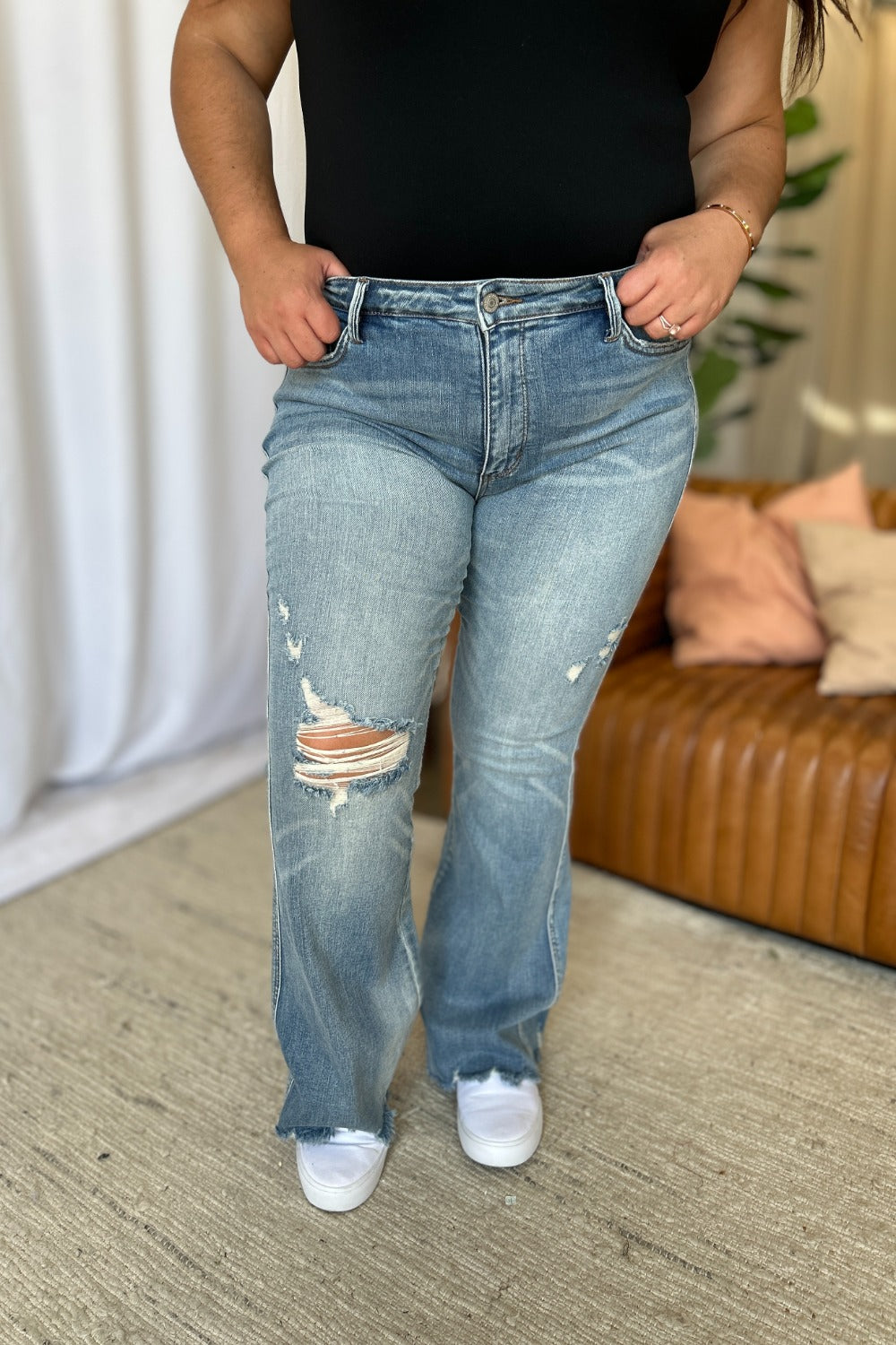 Judy Blue Women's Distressed Tummy Control Flare Jeans - Medium Rise Denim